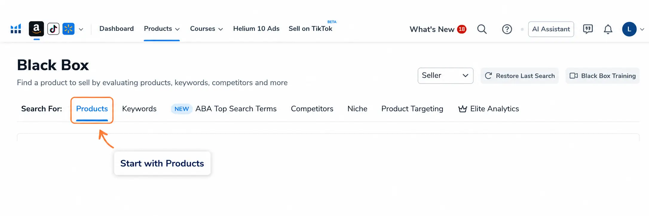 Helium 10 Black Box interface showing the Products tab highlighted as the best starting point for beginner product research.