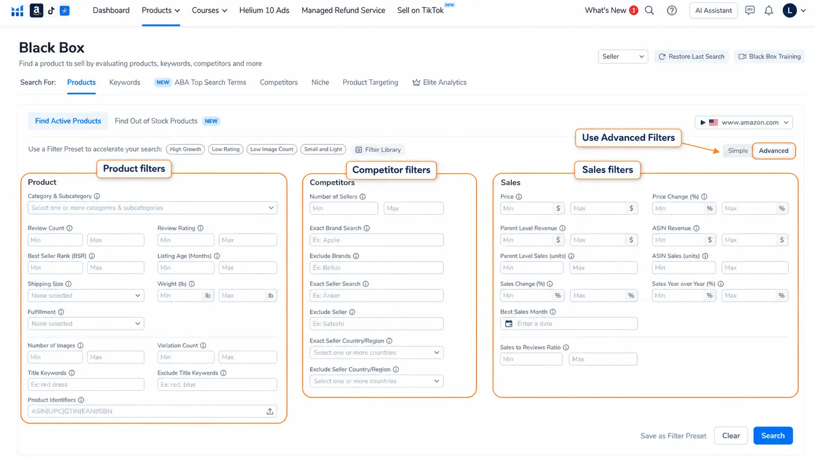 Helium 10 Black Box advanced view showing product filters, competitor filters, and sales filters for Amazon product research.