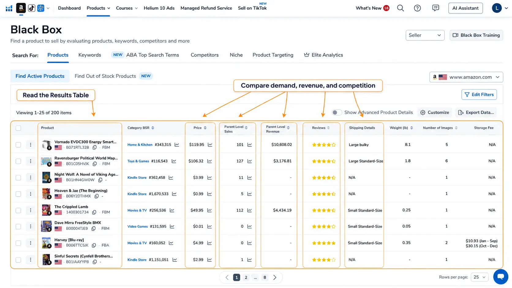 Annotated Helium 10 Black Box results table highlighting product, price, parent level sales, parent level revenue, reviews, and shipping details.