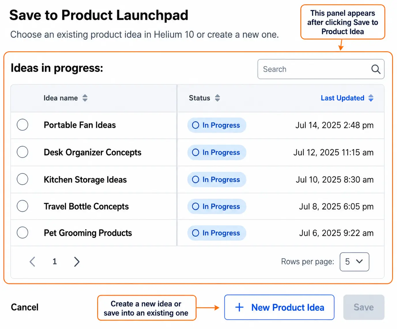 Helium 10 Save to Product Launchpad panel showing product ideas in progress and the option to create a new product idea.