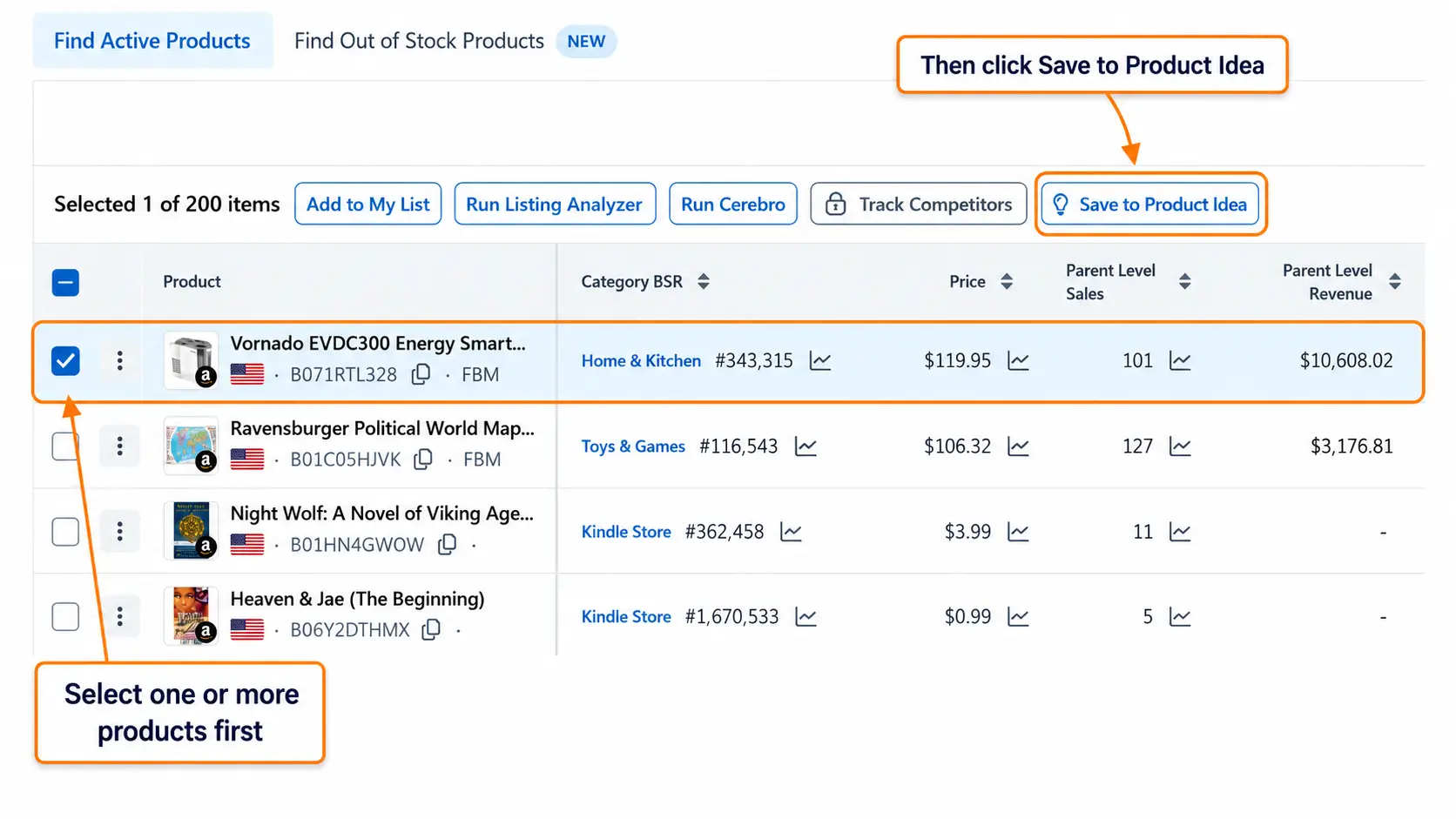 Helium 10 Black Box results table showing a selected product and the Save to Product Idea button highlighted.