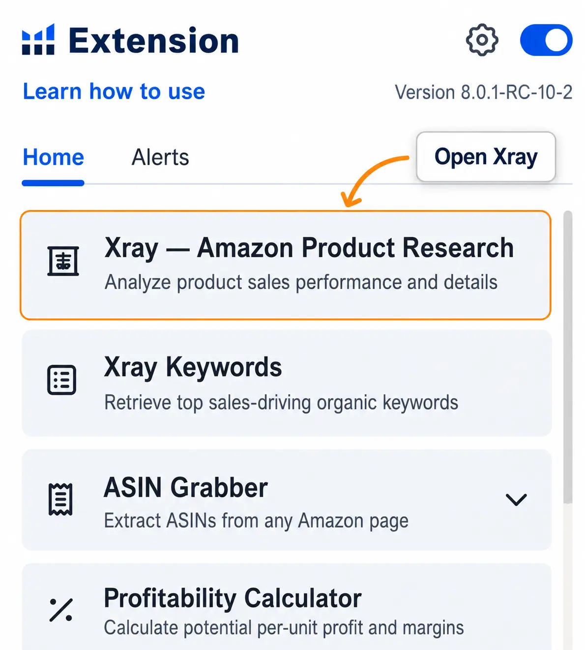 Helium 10 Chrome Extension menu showing Xray Amazon Product Research, Xray Keywords, ASIN Grabber, and Profitability Calculator