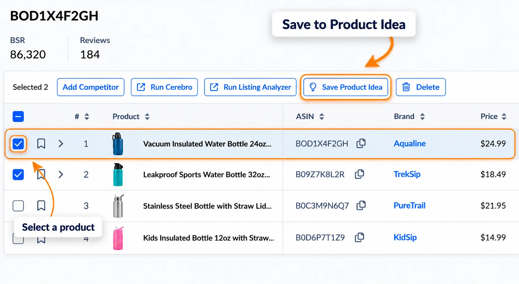 Helium 10 Xray table showing selected insulated bottle products with Add Competitor, Run Cerebro, Save Product Idea, and Delete buttons