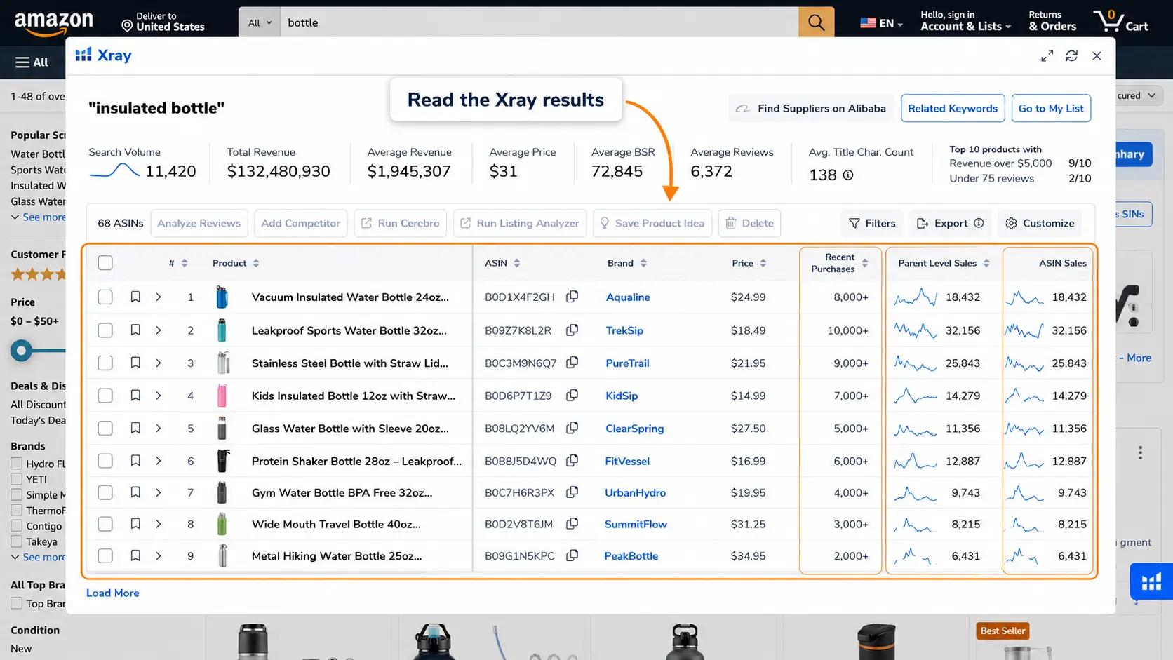 Helium 10 Xray window showing Amazon search results for insulated bottle with recent purchases, parent level sales, and ASIN sales