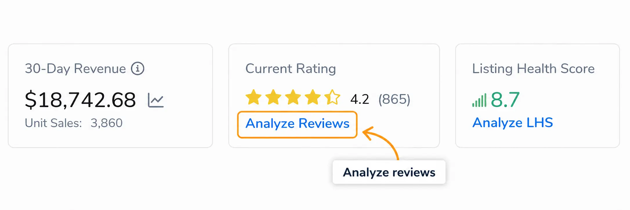 Helium 10 product summary card showing the Analyze Reviews button below the current rating