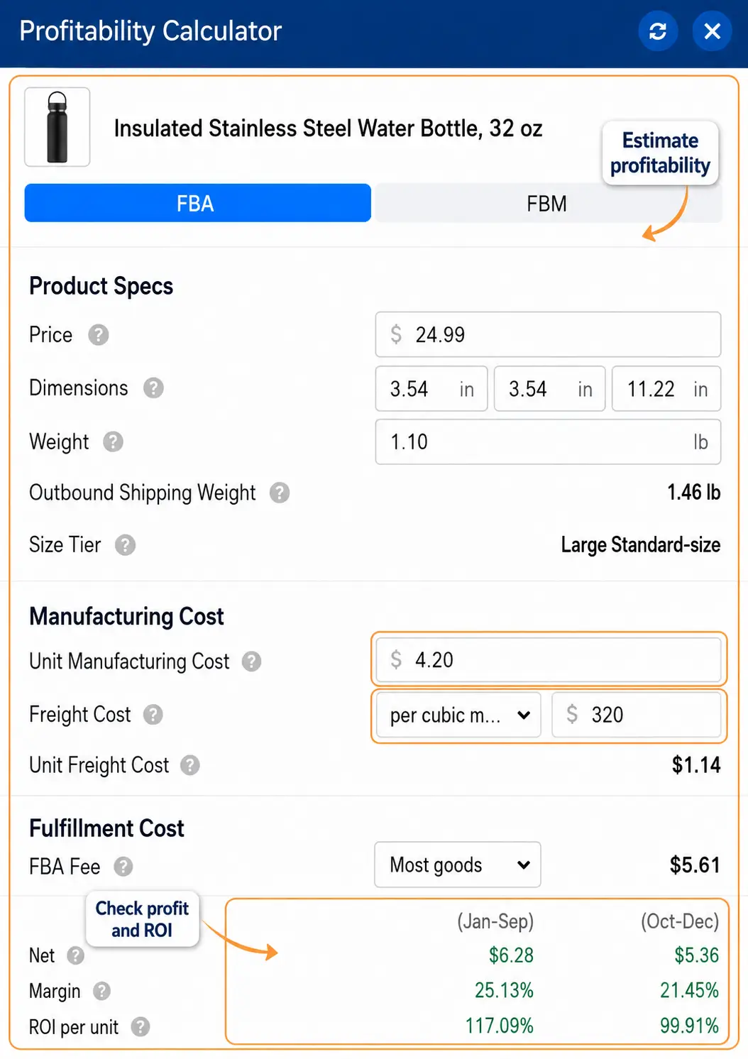 Helium 10 Profitability Calculator showing product price, dimensions, manufacturing cost, freight cost, FBA fee, margin, and ROI