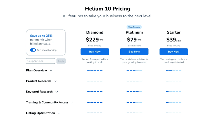 Helium 10 subscription Plans and Pricing 2024