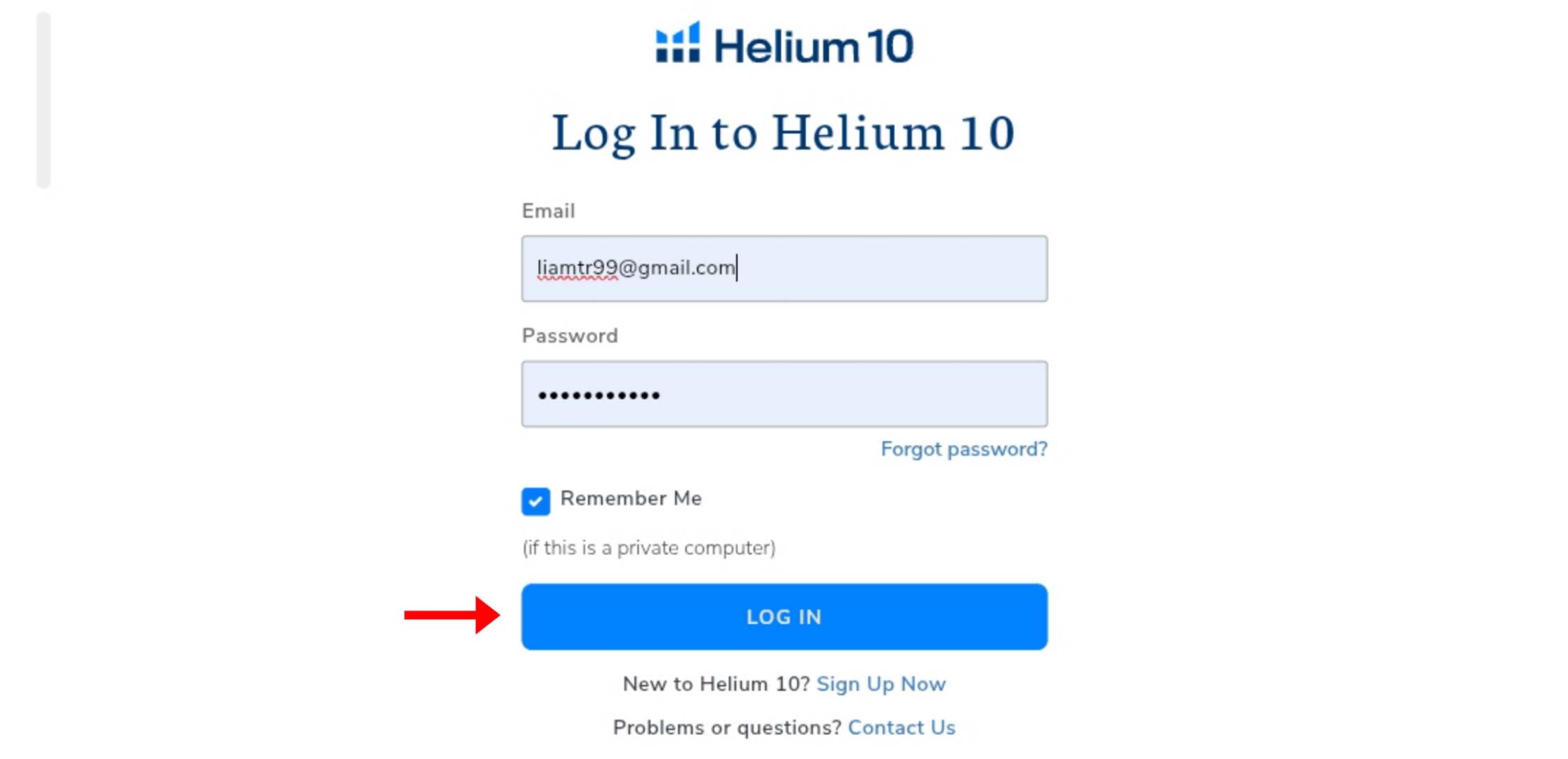Log in to Helium 10 interface Step 2 of the Helium 10 login proces: Screenshot of the Helium 10 login interface with email and password fields