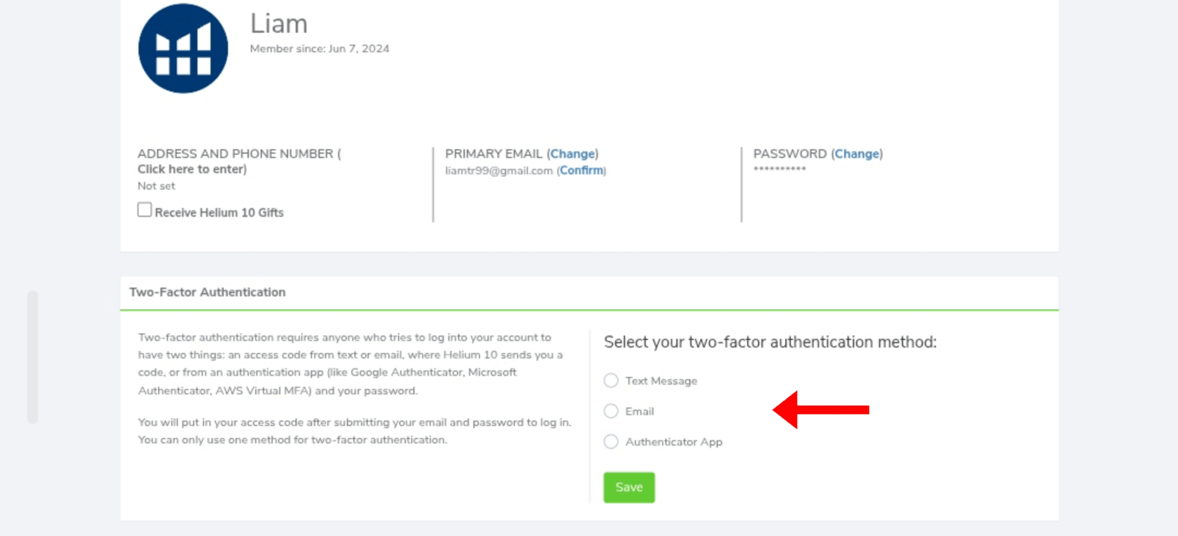 Enabling Two-Factor Authentication (2FA) Select the two-factor authentication (2FA) method.