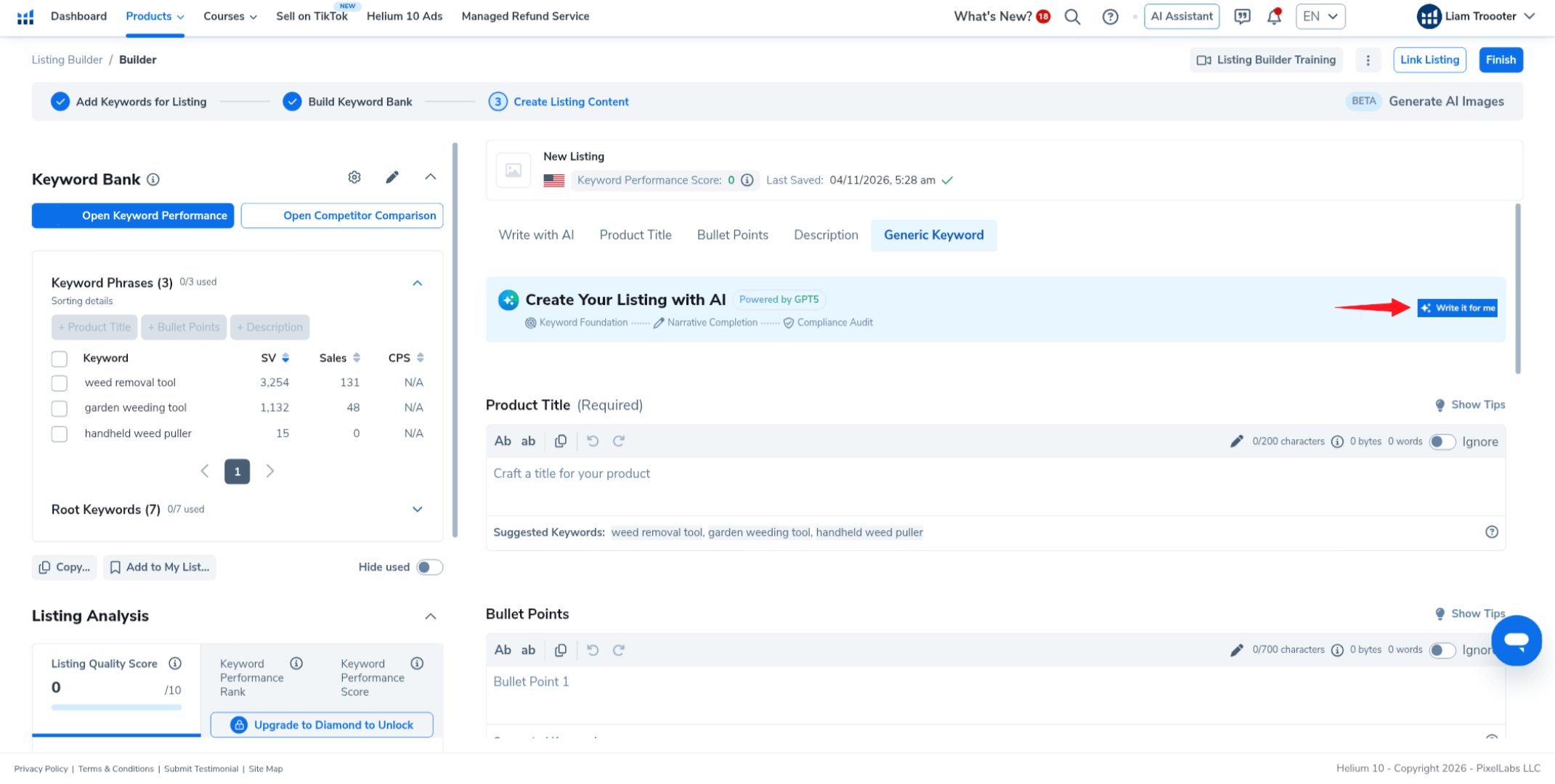 Helium 10 Listing Builder showing the Create Listing Content screen with the Write for me button and product title and bullet points fields.