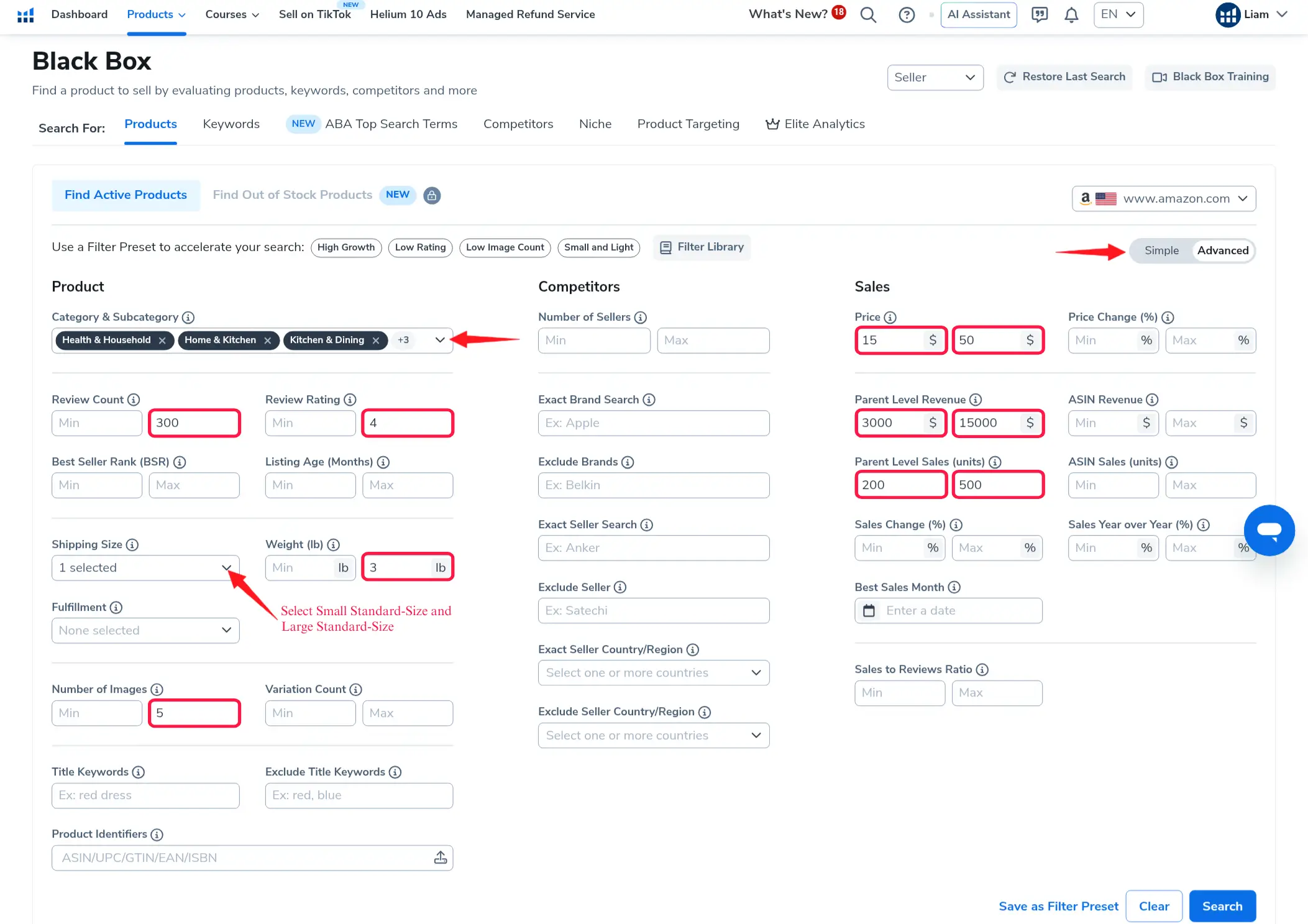 Helium 10 Black Box showing advanced product filters for category, price, reviews, revenue, sales, shipping size, weight, and number of images.