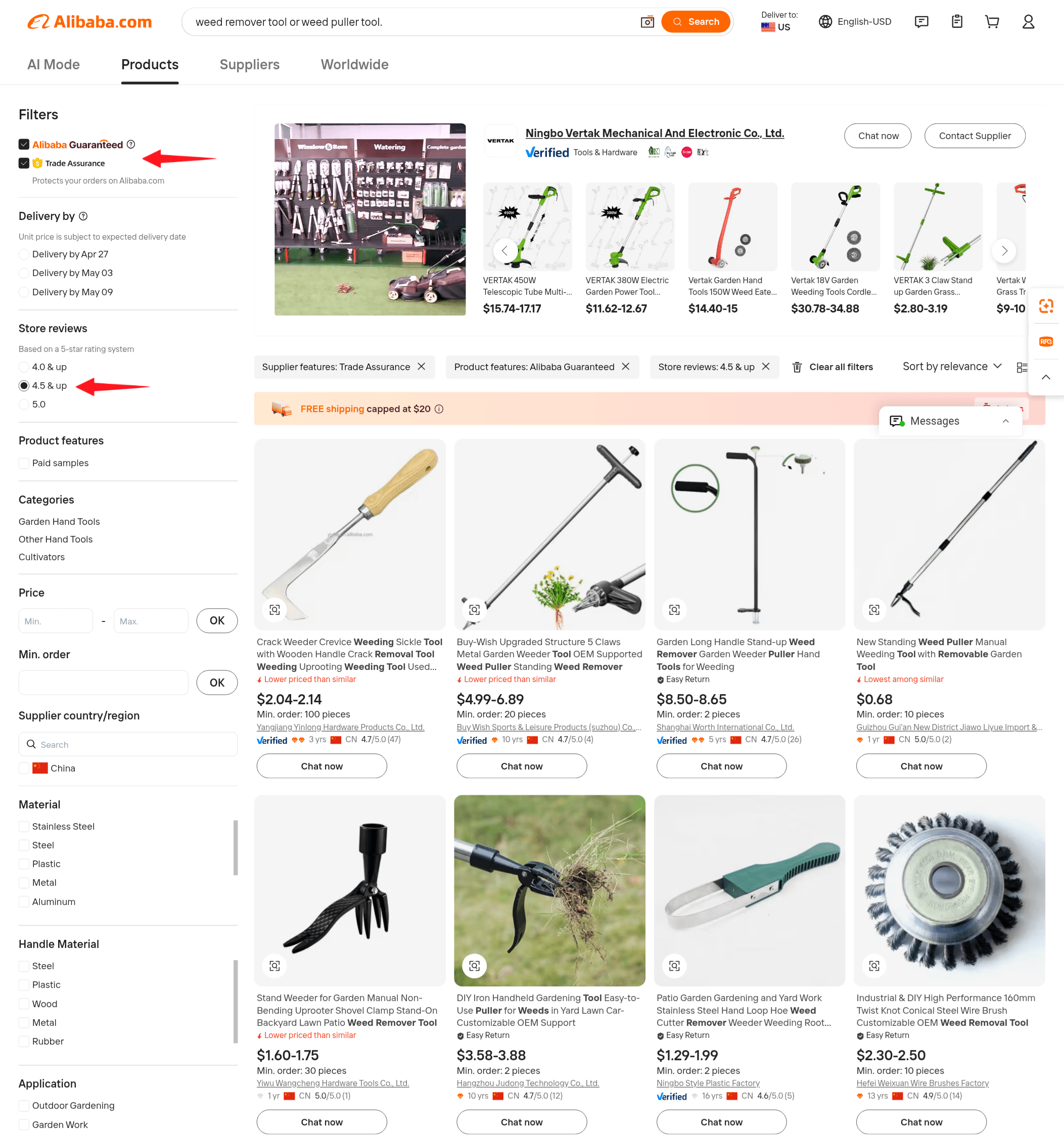 Alibaba search results for a weed remover tool with supplier filters like Trade Assurance, Alibaba Guaranteed, and 4.5+ store ratings.