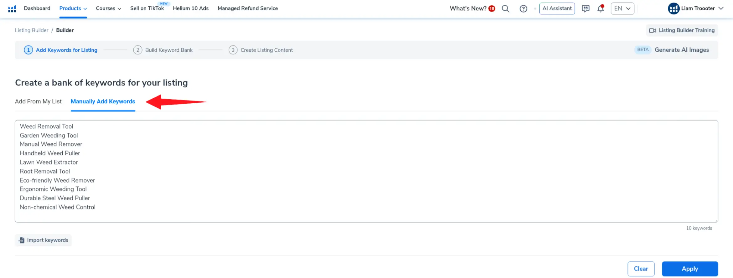 Manually adding keywords in Helium 10 Listing Builder