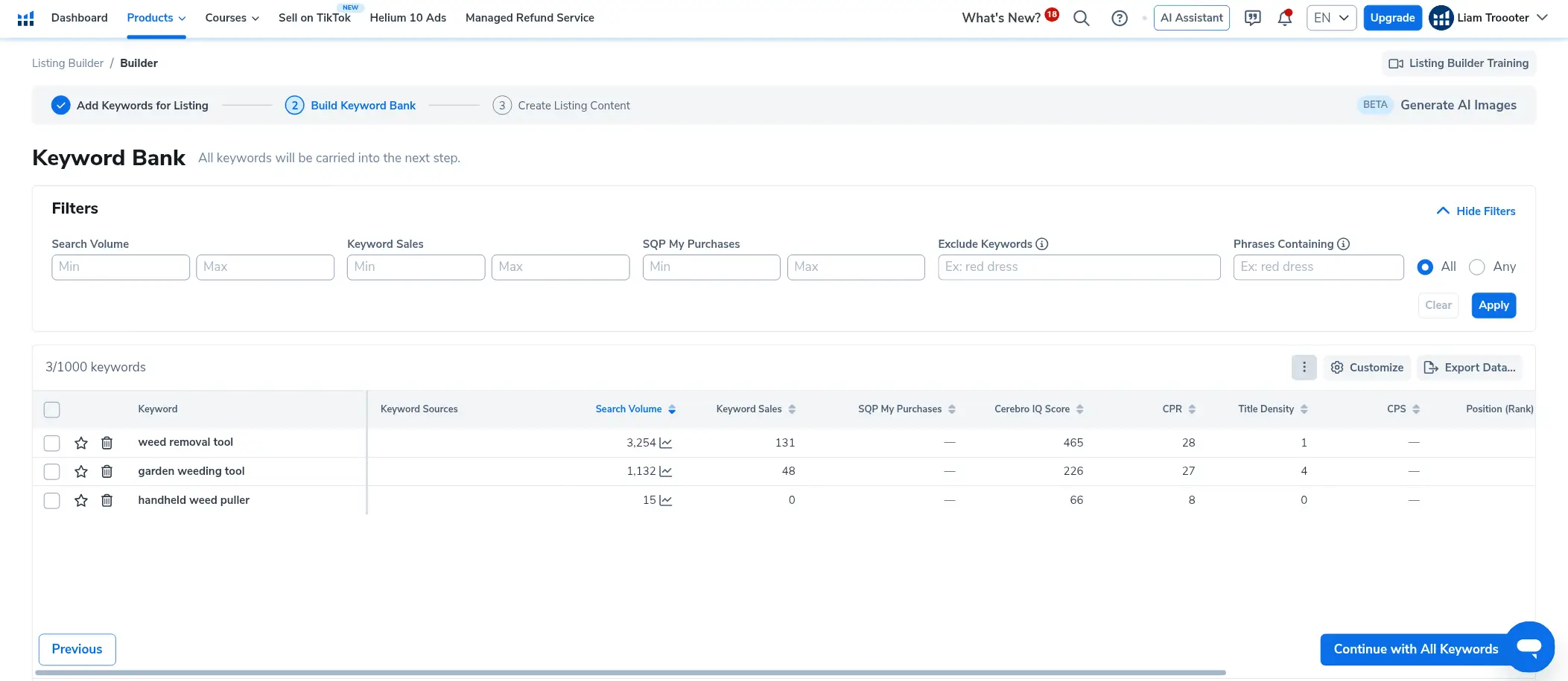 Helium 10 Listing Builder Keyword Bank showing selected keywords and performance metrics.