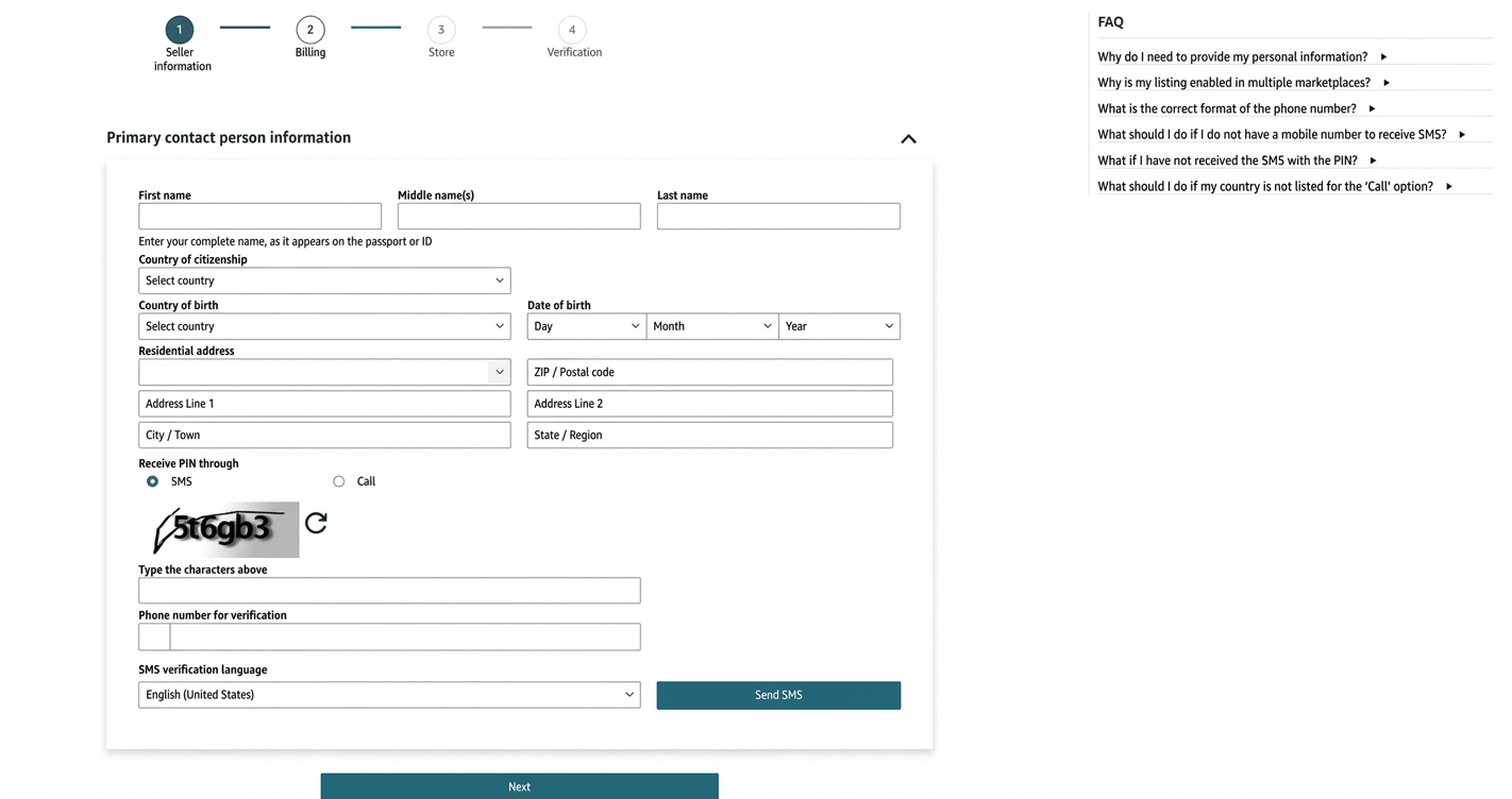 Amazon seller registration form asking for personal name details and business information