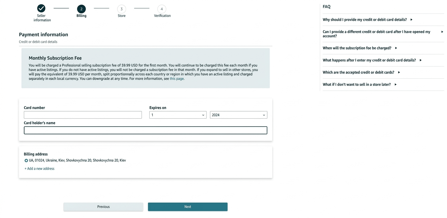 Amazon payment information page with fields for card number, expiration date, and cardholder name