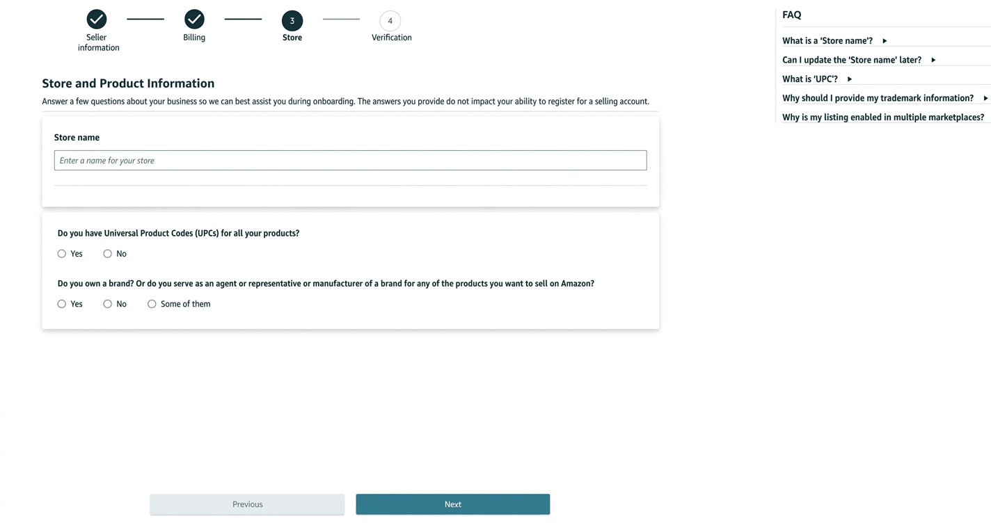 Amazon store and product information page asking for store name, UPC details, and brand ownership information
