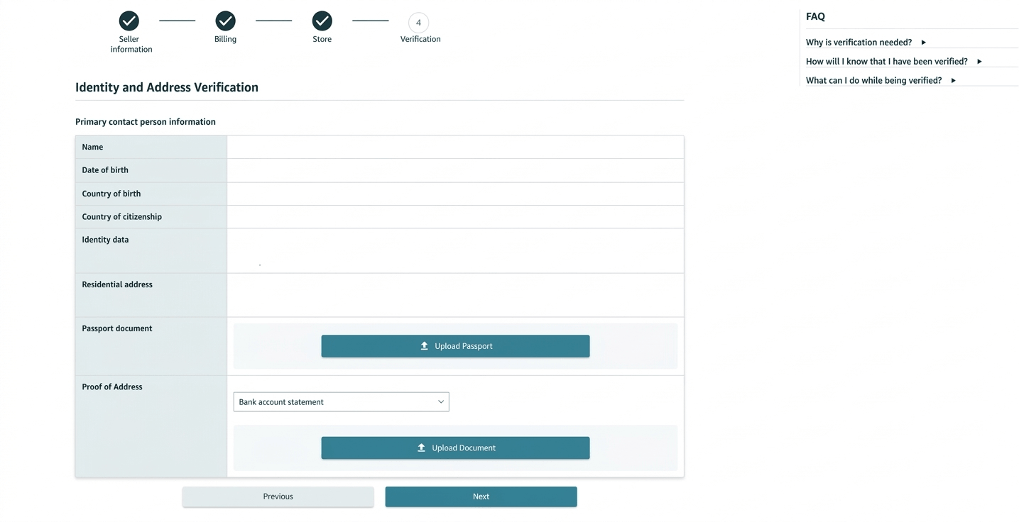 Amazon identity and address verification page for uploading ID documents and proof of address