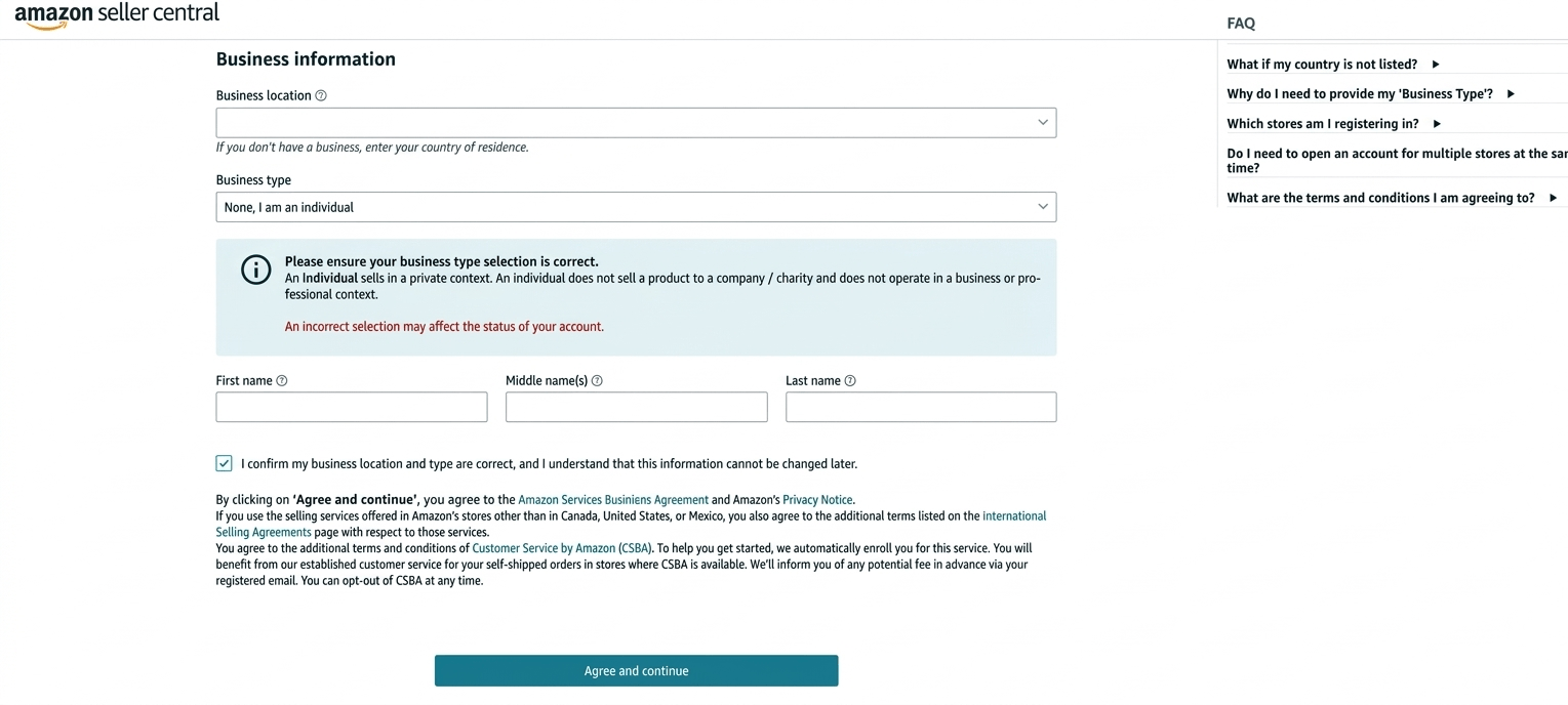 Amazon business information page showing the business type dropdown with options such as sole proprietor and individual