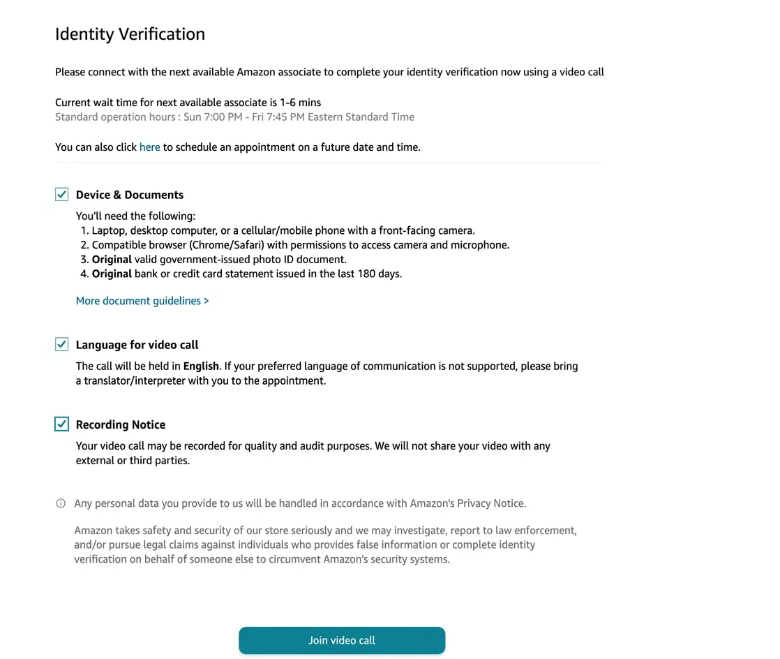 Amazon identity verification page showing the option to join a live video call for account verification