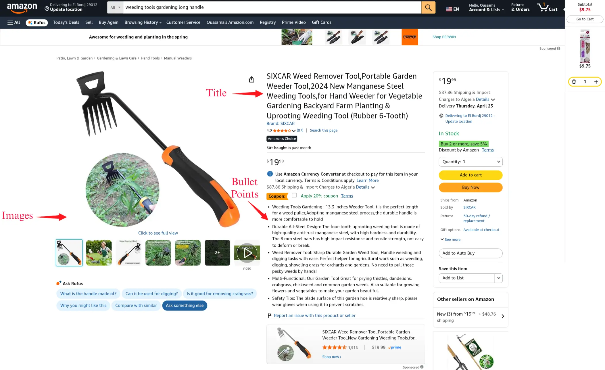 Amazon product page showing the main listing elements: title, images, and bullet points, with the product description located further down the page after scrolling.