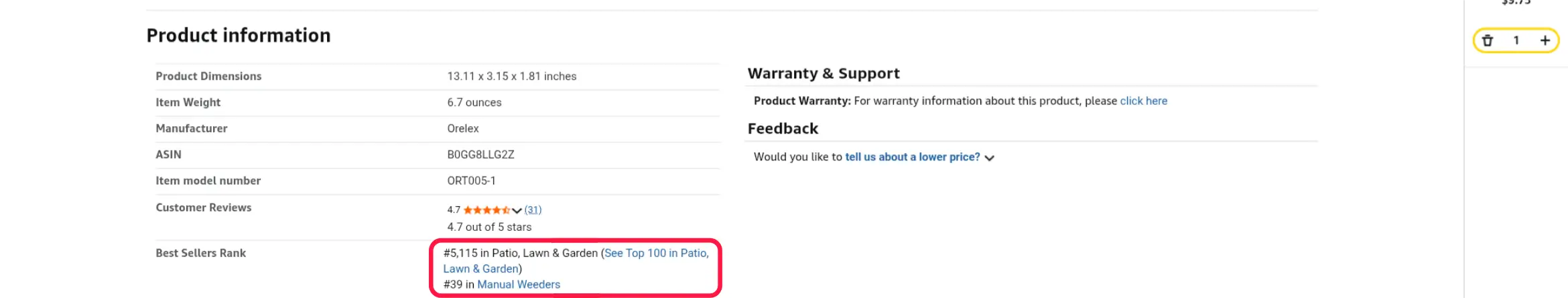 Amazon Product Information section showing the competitor’s category path and Best Sellers Rank.