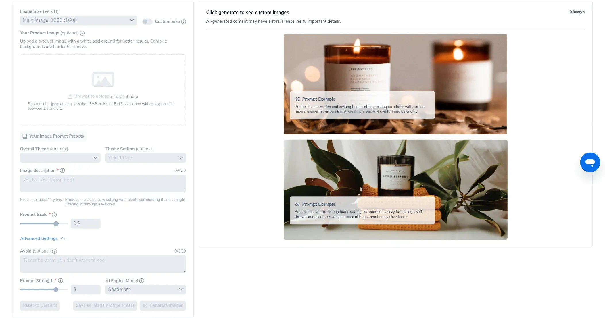 Helium 10 Listing Builder AI image generation screen showing image upload, prompt settings, and example generated product visuals.