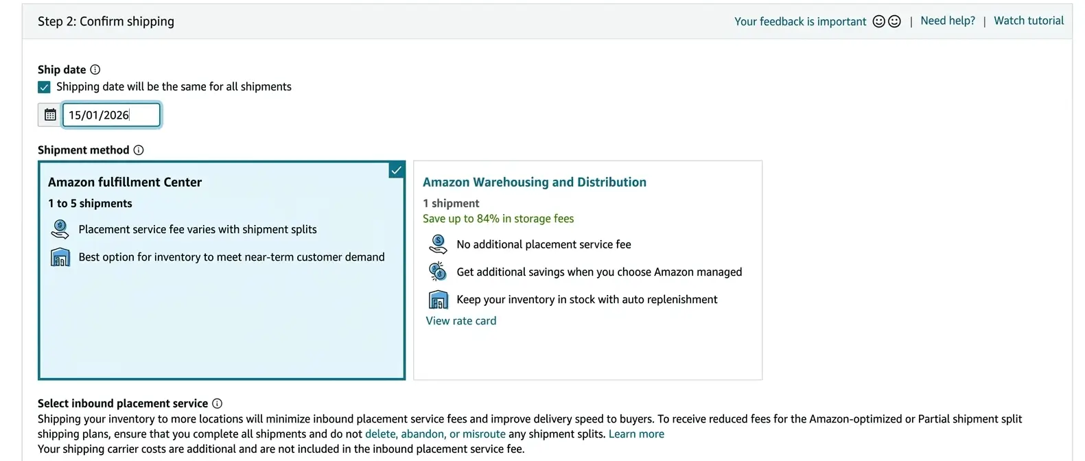 Amazon Seller Central Confirm shipping page showing the ship date and shipment method fields for an FBA shipment.