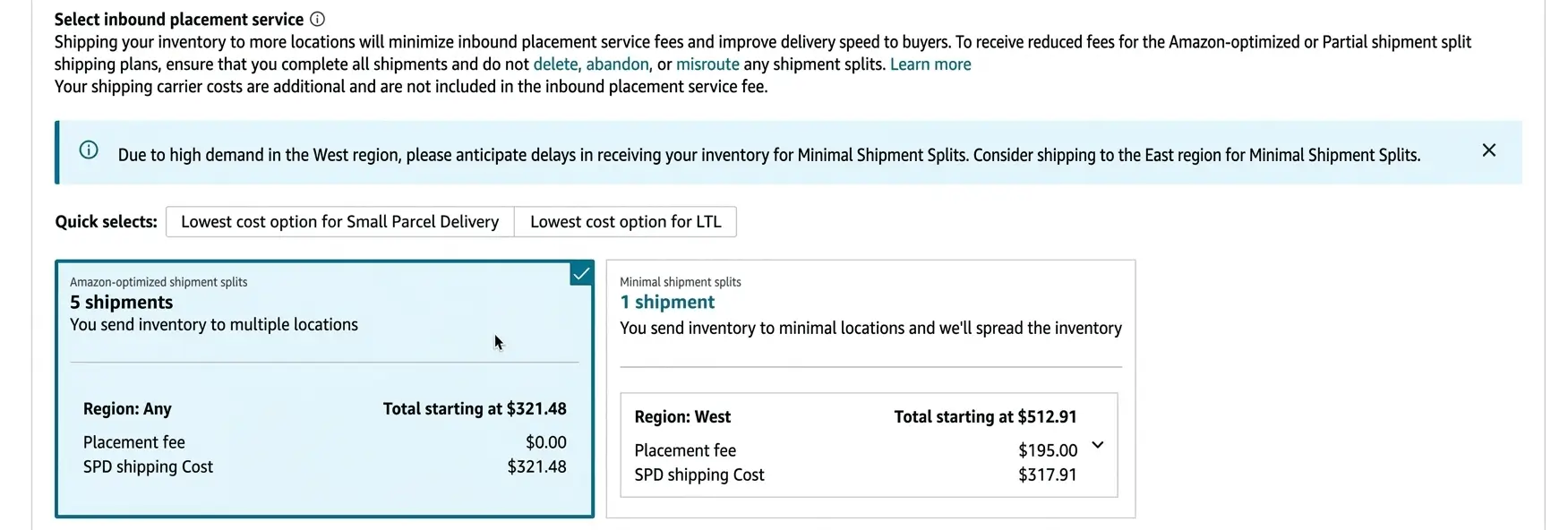Amazon Seller Central page showing inbound placement service options for an FBA shipment, including shipment split choices and placement fees.