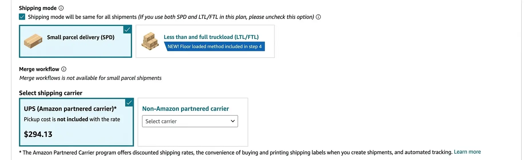 Amazon Seller Central shipping page showing Small parcel delivery and carrier selection options for an FBA shipment.