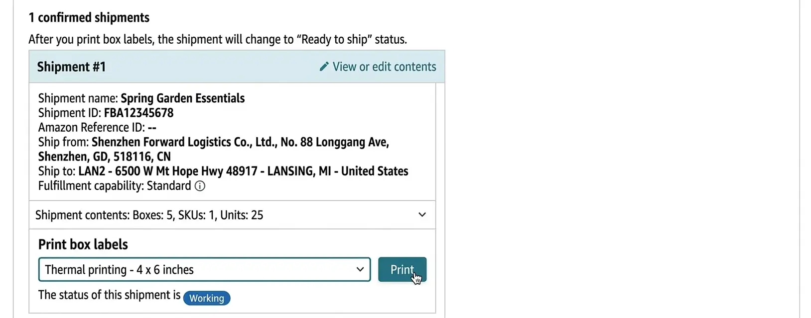 Amazon Seller Central page showing the option to print final box labels for the outer shipping cartons in an FBA shipment.