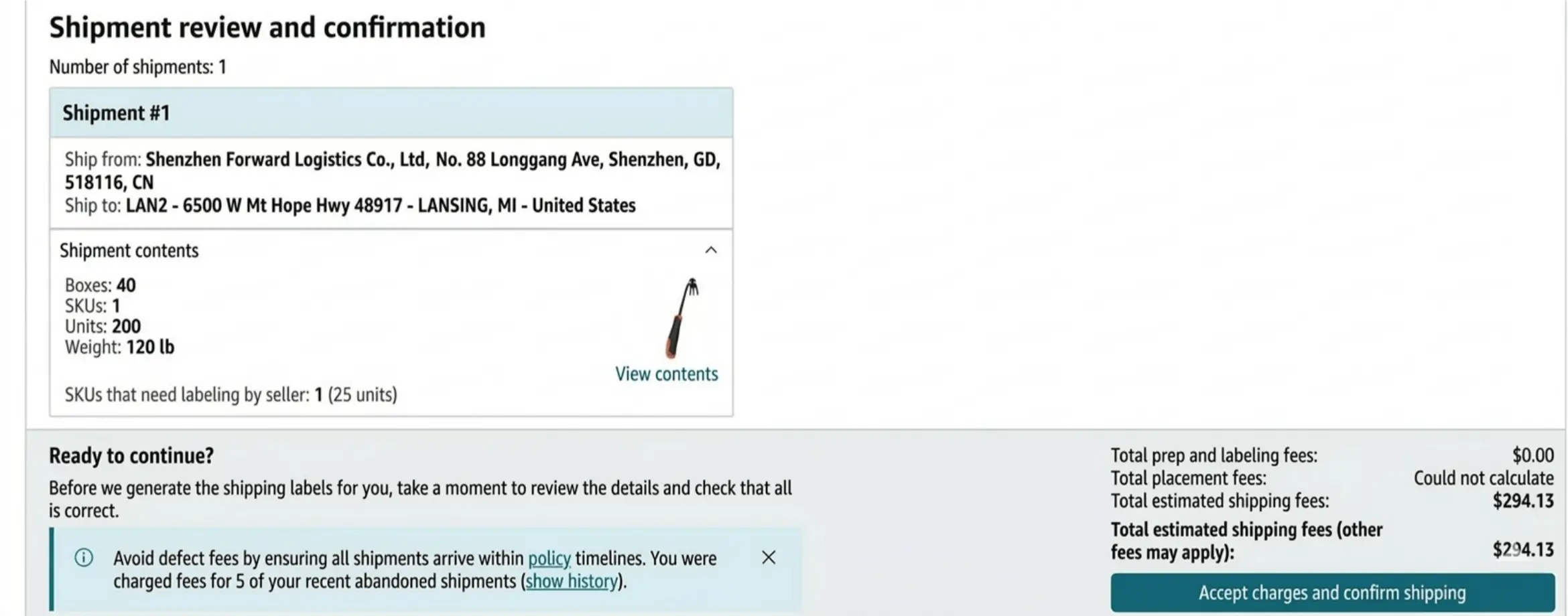 Amazon Seller Central shipment review page showing shipment details, estimated charges, and the Accept charges and confirm shipping button.