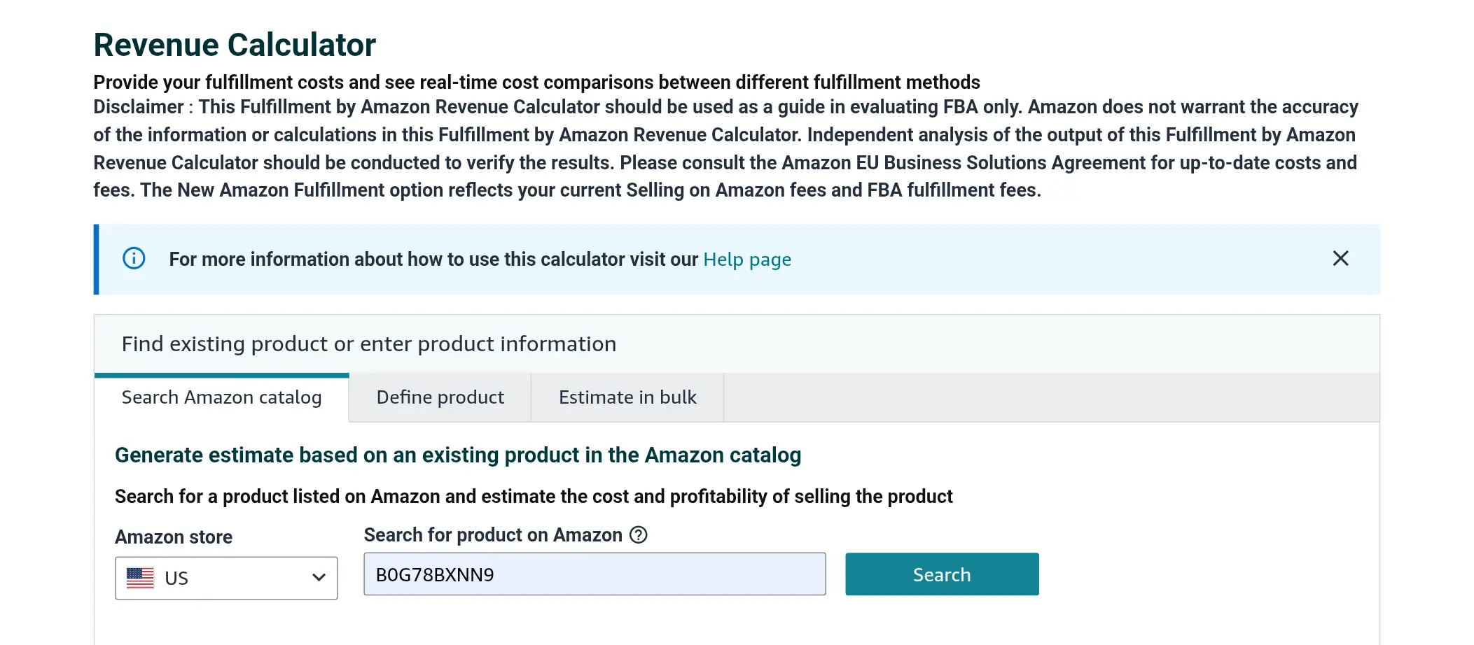 Amazon Revenue Calculator search screen showing a similar product ASIN entered to find an existing product for pricing and fee estimation.