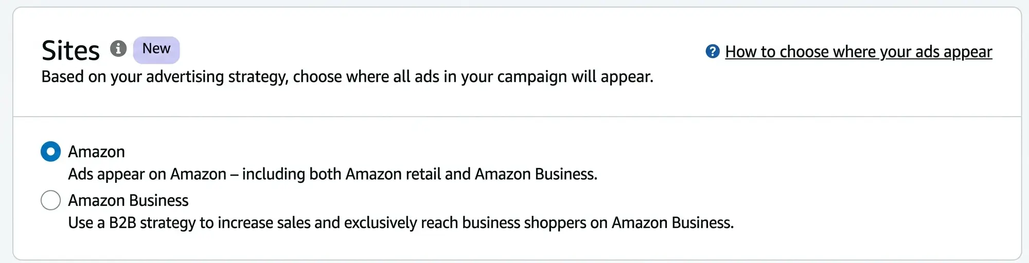 Amazon PPC setup screen showing the Sites options, including Amazon and Amazon Business.