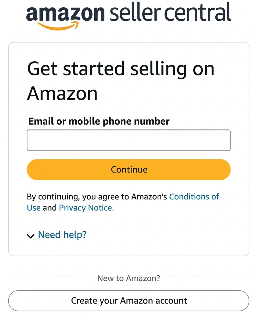 Amazon Seller Central sign-in page with the Create your Amazon account button highlighted below the sign-in form