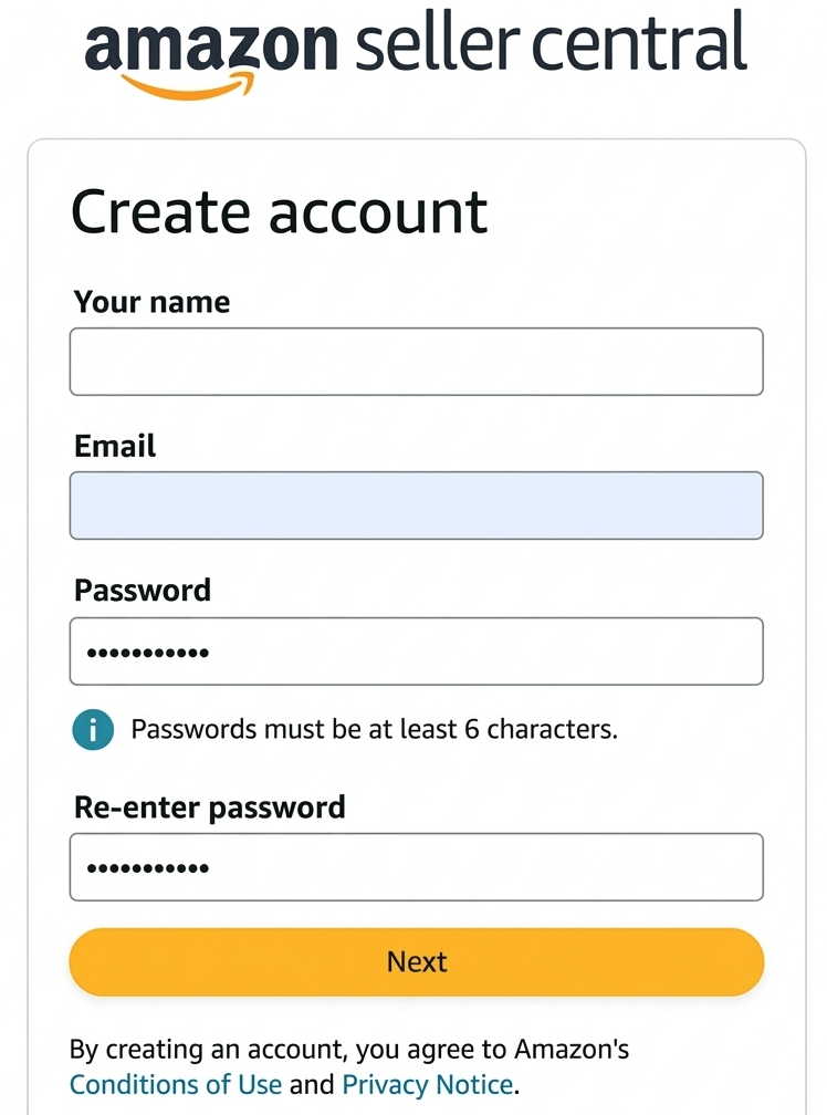 Amazon account creation form with fields for name, email, password, and password confirmation