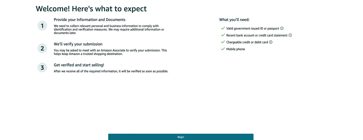 Amazon seller registration welcome page listing what to expect and which documents to prepare before continuing