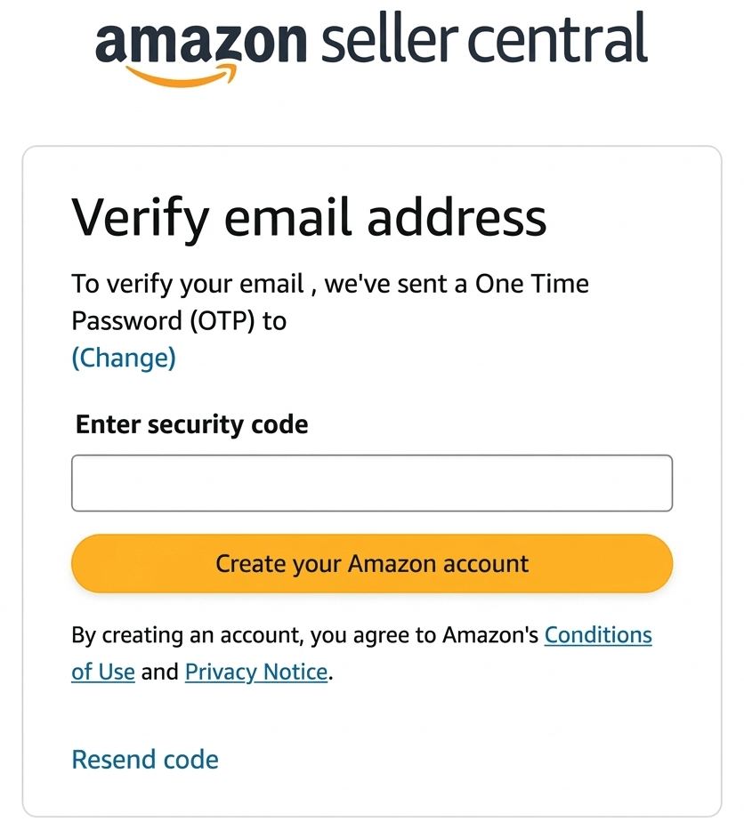Amazon email verification page asking for the security code sent to the email address