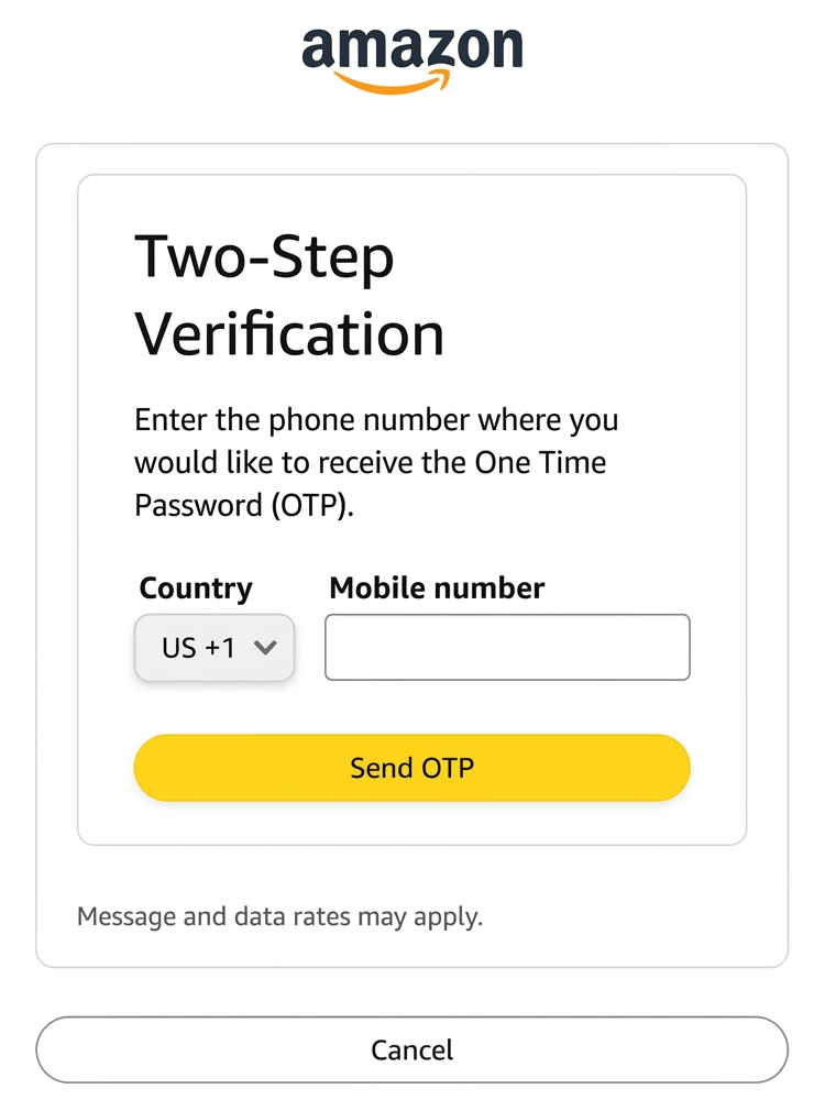 Amazon two-step verification screen asking for country code and mobile number to receive OTP