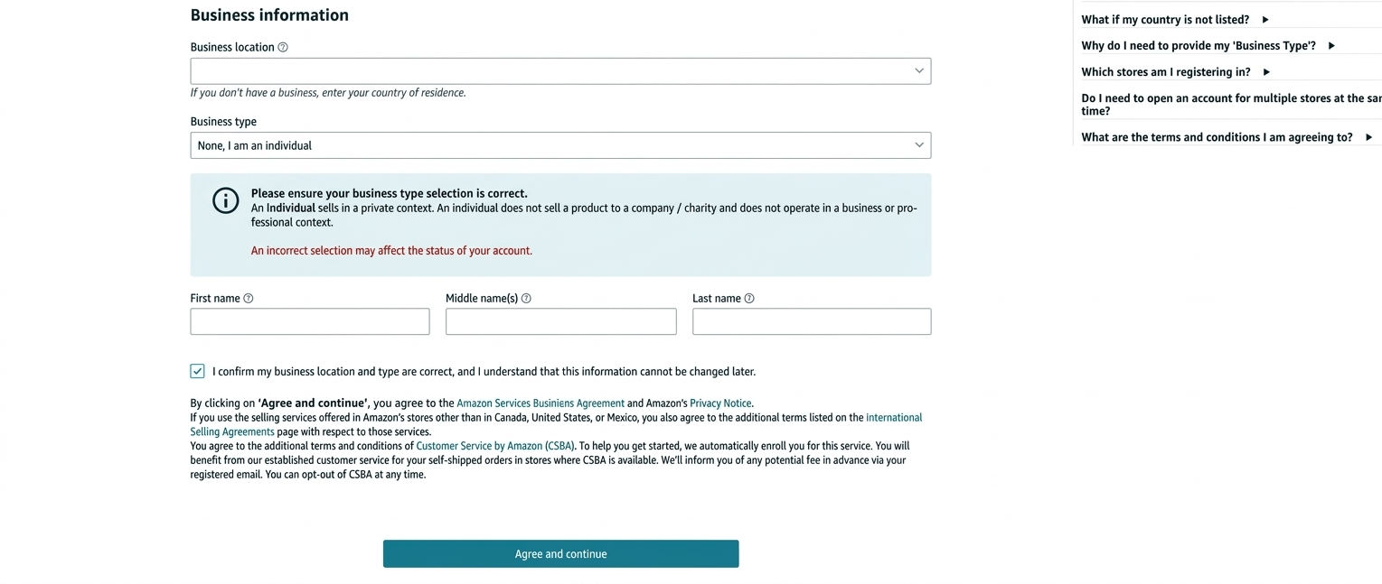 Amazon seller account business location and business type screen