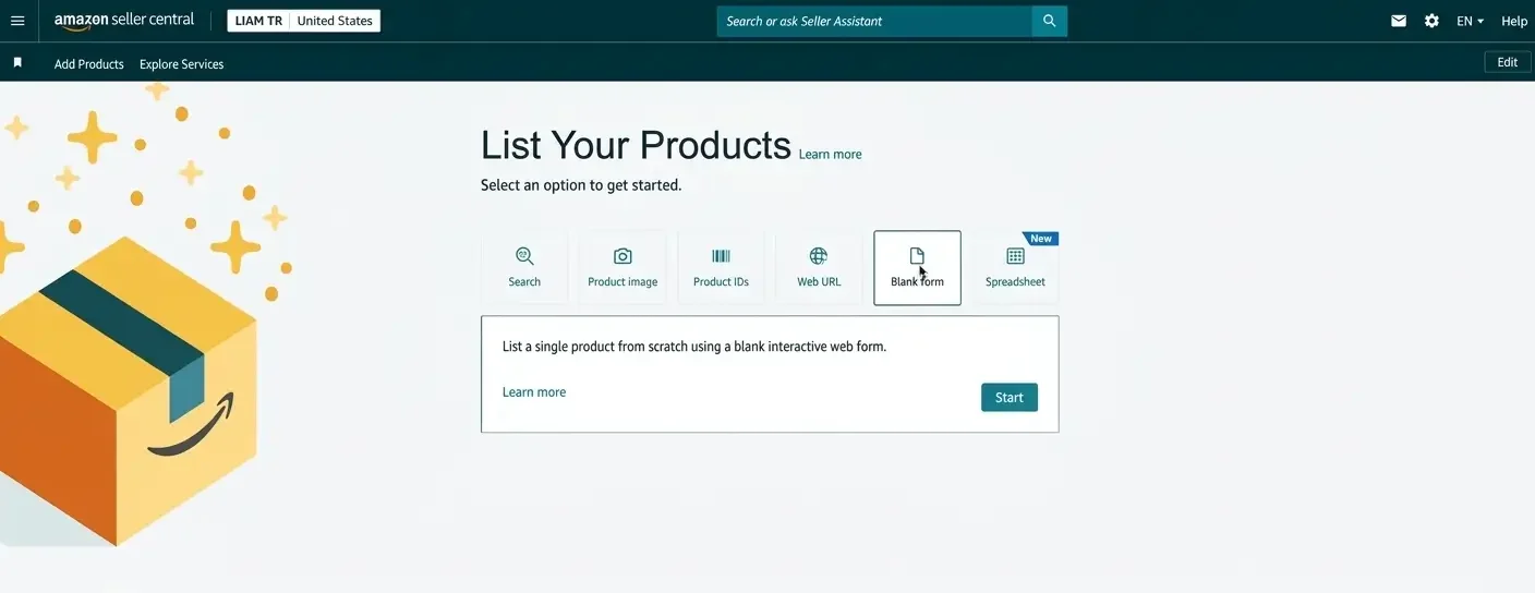 Amazon Seller Central List Your Products page showing the Blank Form option selected to create a new product listing from scratch.