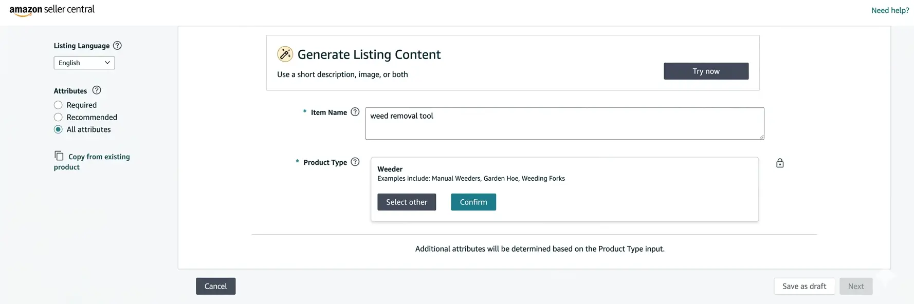 Amazon Seller Central product form showing the Item Name field filled in and a suggested Product Type ready to confirm or change.