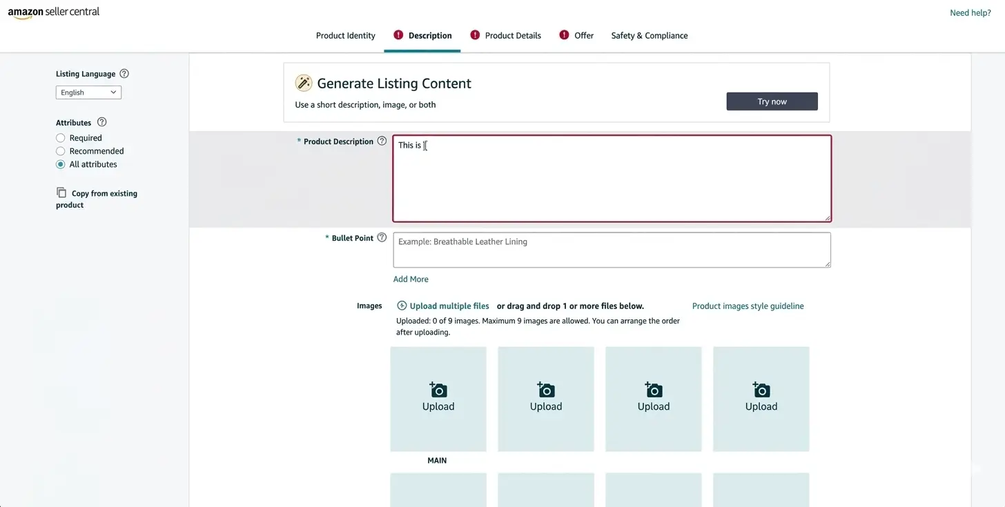 Amazon Seller Central Description section showing fields for product description, bullet points, and image uploads.