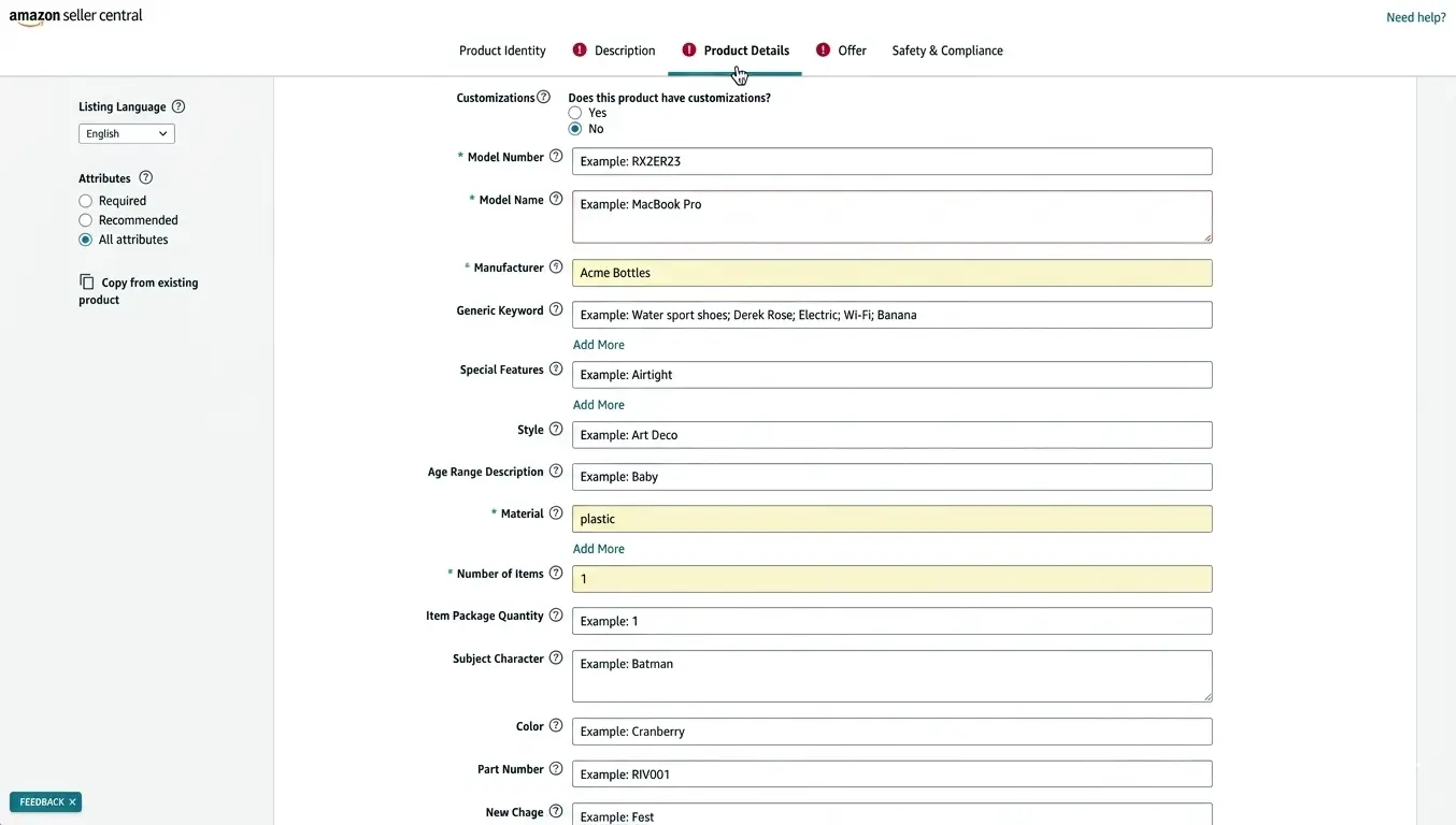 Amazon Seller Central Product Details section showing fields for customization, model details, manufacturer, material, number of items, color, and other product attributes.