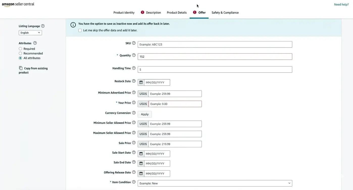 Amazon Seller Central Offer section showing fields for SKU, quantity, handling time, price, sale dates, and item condition.