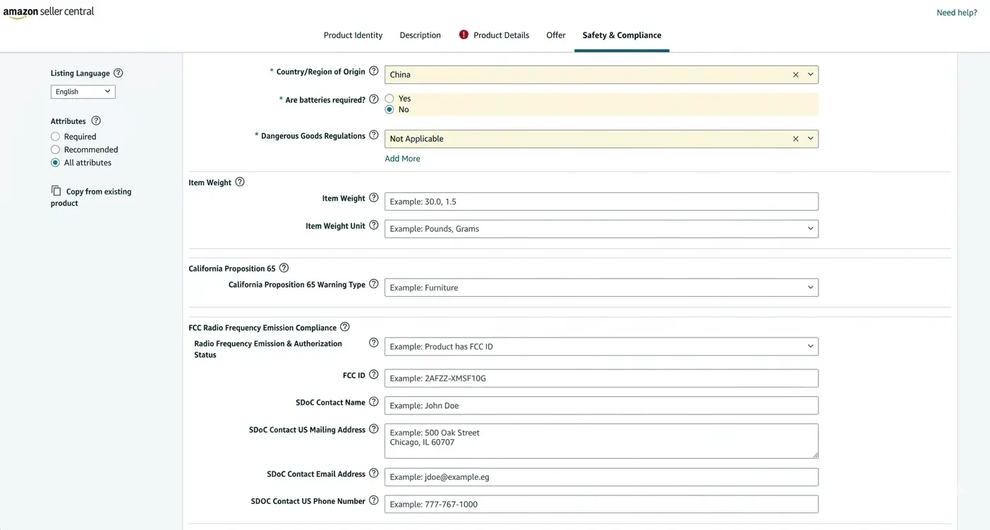 Amazon Seller Central Safety and Compliance section showing fields for country of origin, batteries, dangerous goods, item weight, and compliance information.