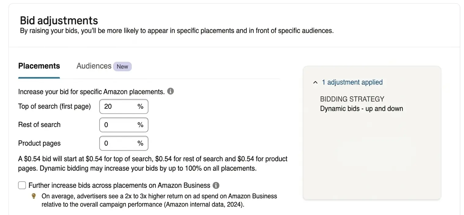 Amazon PPC setup screen showing bid adjustment settings for Top of search, Rest of search, and Product pages.