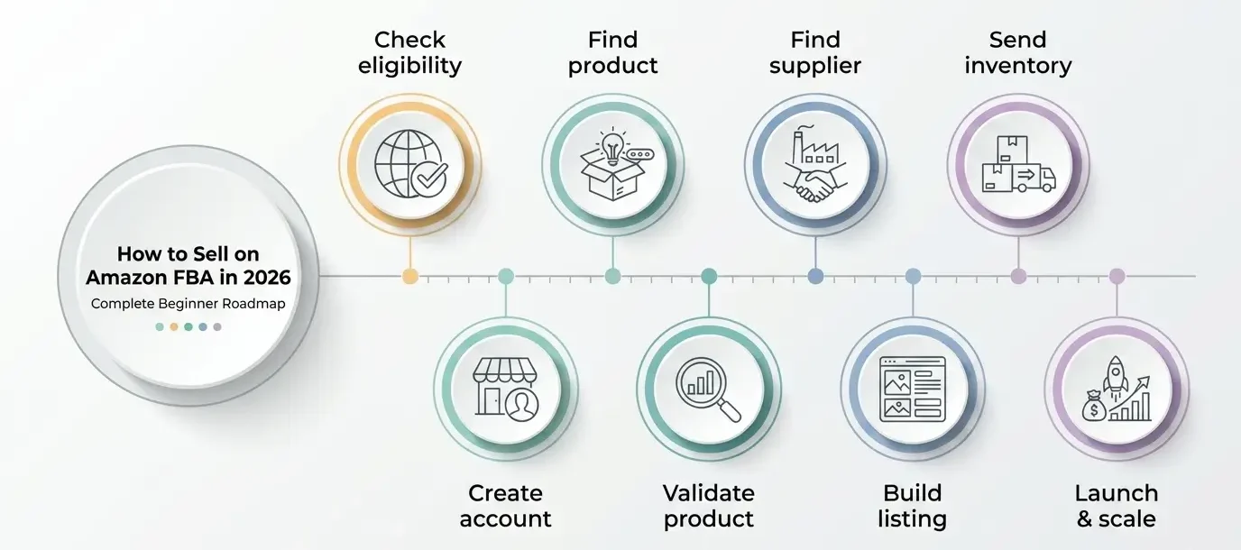 How to sell on Amazon FBA in 2026 step-by-step roadmap showing eligibility, account creation, product research, supplier sourcing, listing setup, inventory shipping, and launch