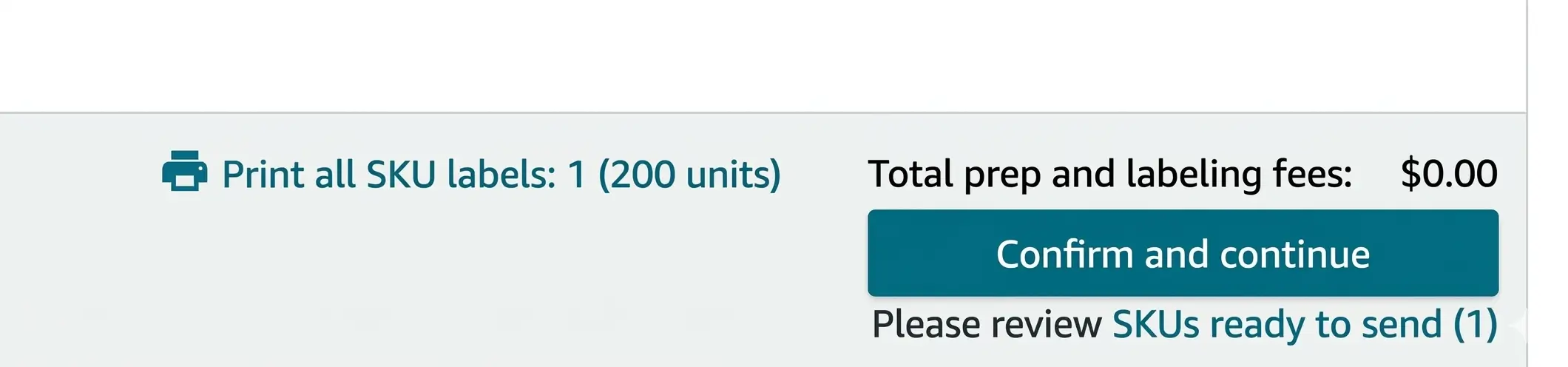 Amazon Seller Central shipment setup page showing the Print all SKU labels link and the Confirm and continue button after the shipment quantities are entered.