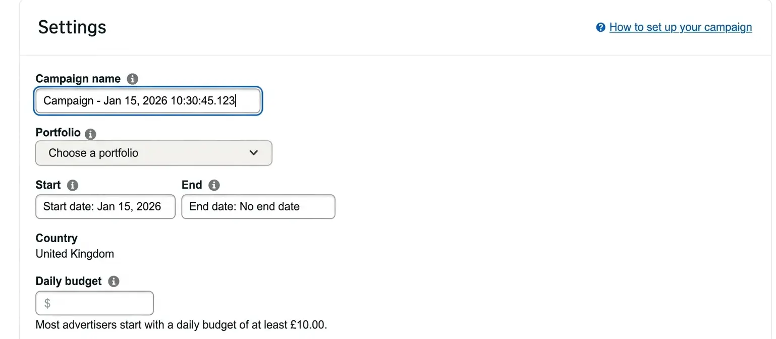 Amazon PPC setup screen showing campaign name, portfolio, start and end dates, and daily budget settings.